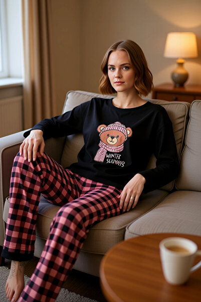 PayBuy Γυναικείο Σετ Πιτζάμες με τύπωμα Καρό με Αρκουδάκι Λειτουργικό Ανθεκτι...