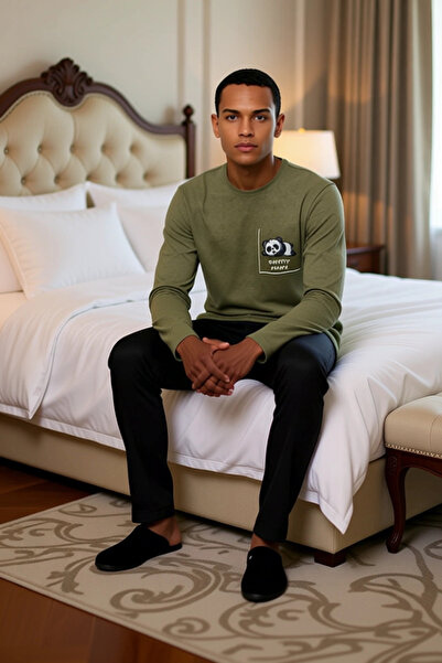 PayBuy Men's Khaki Panda Printed Crew Neck Long Sleeve Pajama Set Functional Durable Sport