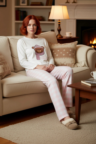 PayBuy Women's Teddy Bear Printed Plaid Pajama Set Functional Durable Quality Comfortable Aesthetic