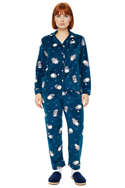 PayBuy Women's Petrol Penguin Patterned Fleece Pajama Set Functional Durable Quality Comfortable Stylish