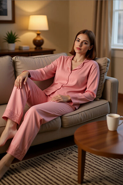 PayBuy Kadın Gül Kurusu Dantel Detaylı Gömlek Pantolon Pijama Takımı Fonksiyo...