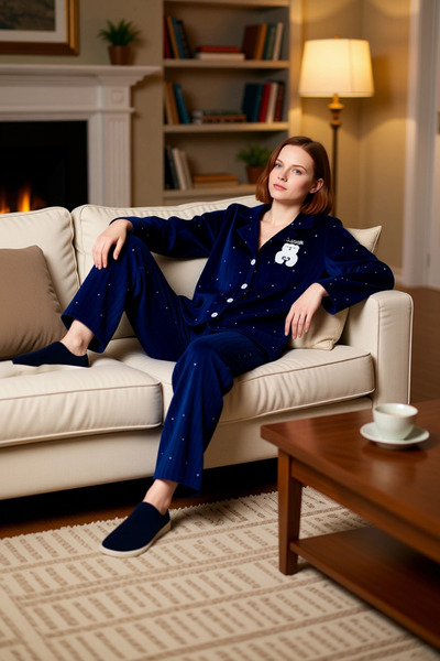 PayBuy Set de pijamale cu guler cămașă cu detaliu cu buline pentru femei Func...