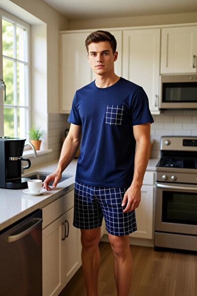 PayBuy Чоловічий комплект піжами з плетеного тканини в клітинку Grimelanj, з велосипедним коміром, короткими рукавами, функціональний, міцний, стильний