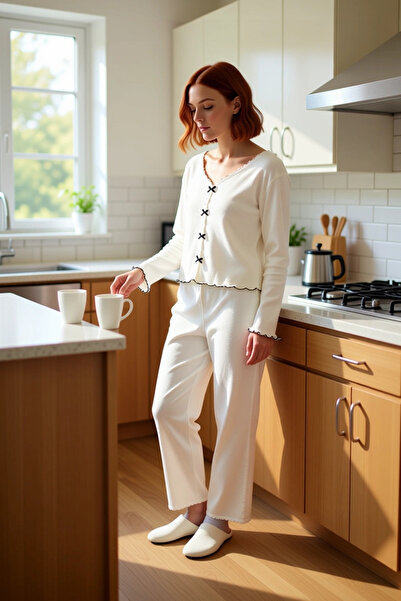 PayBuy Women's Anthracite V-Neck Lace Bow Detailed Corded Fabric Knitted Pajama Set Functional Aesthetic