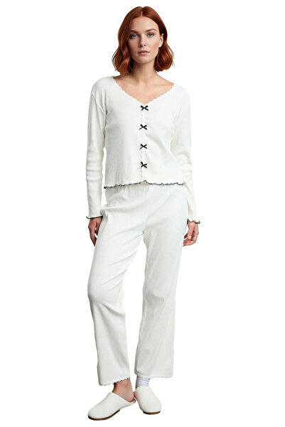 PayBuy Women's Anthracite V-Neck Lace Bow Detailed Corded Fabric Knitted Pajama Set Functional Aesthetic