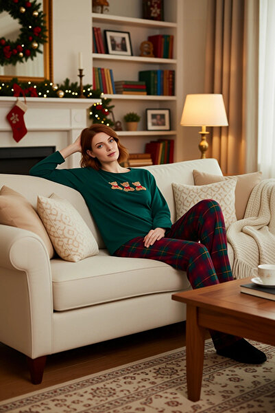 PayBuy Women's Bear Patterned Crew Neck Plaid Pajama Set Functional Durable Quality Comfortable