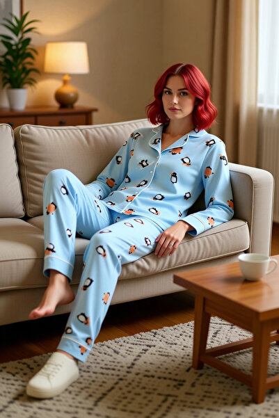 PayBuy Set de pijamale din lână cu guler cămașă cu model pinguin pentru femei Funcțional Durabil Calitate Confortabil