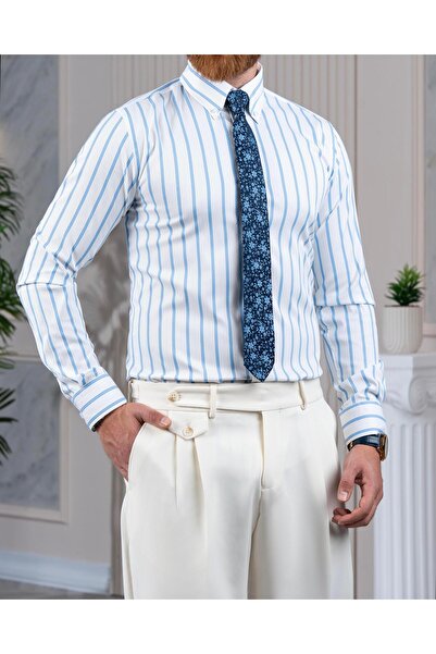 TerziAdemAltun Італійський стиль slim fit смугастий чоловічий сорочка з прямим коміром синій T13823