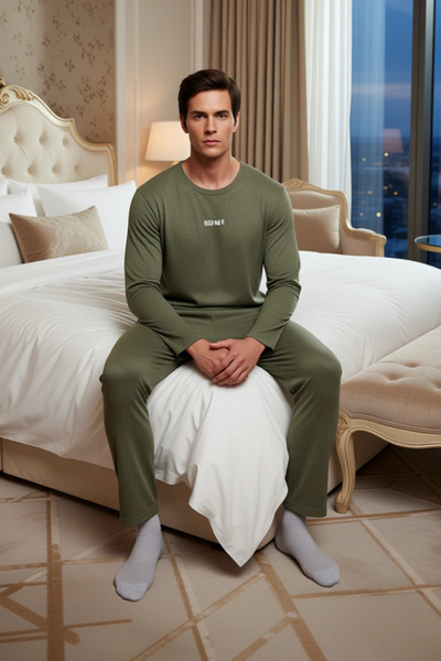 PayBuy Men's Anthracite Crew Neck Printed Long Sleeve Pajama Set Functional Durable Modern