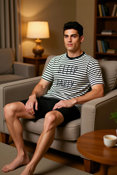 PayBuy Ανδρικό σετ πιτζάμες με ριγέ λαιμόκοψη με κοντό μανίκι Λειτουργικό ανθεκτικό και μοντέρνο