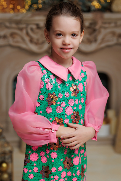 kiddos.ro Elegant girls' dress with sequins and pink puff sleeves Barbie - holidays, Christmas, New Year's Eve