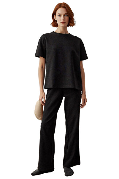 PayBuy Women's Anthracite Waffle Knitted Crew Neck Short Sleeve Pajama Set Functional Durable Stylish