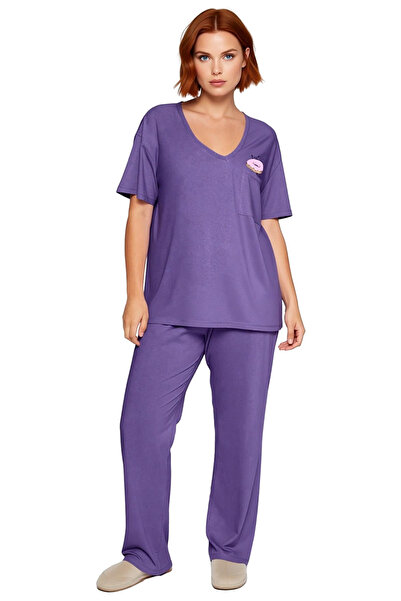 PayBuy Women's Lilac Printed Pocket Detailed V-Neck Short Sleeve Pajama Set Functional Durable Comfortable
