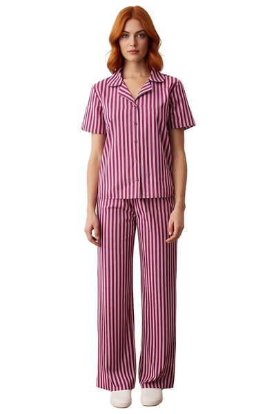 PayBuy Women's Striped Poplin Pajama Set Shirt Pants Functional Durable Quality Comfortable