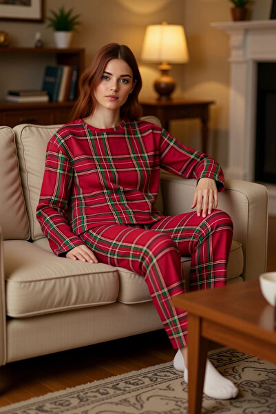 PayBuy Women's Plaid Patterned Crew Neck Pajama Set Functional Durable Quality Comfortable Stylish