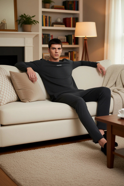 PayBuy Men's Anthracite Crew Neck Printed Long Sleeve Pajama Set Functional Durable Modern