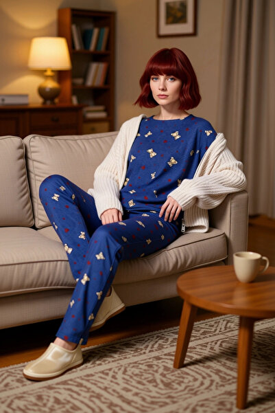 PayBuy Women's Teddy Bear and Heart Patterned Fleece Pajama Set Functional Durable Quality Comfortable Stylish