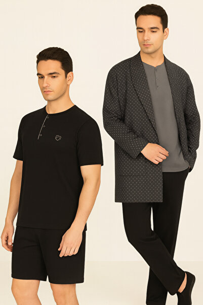 ROZELT Men's Black 100% Cotton 5-Piece Shorts-T-Shirt & Long Sleeve Top- Long Bottom Robdöşambr Boxed Pajama Set