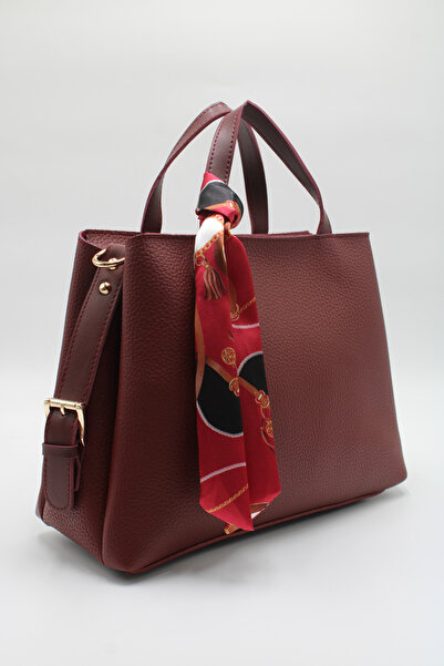LASSO -Women's Burgundy Large Size Double Handle Scarf Detailed Hand, Arm and Shoulder Bag
