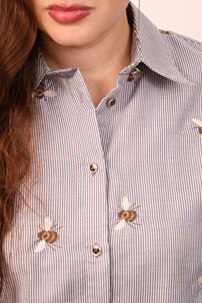 LINELLE Ladies Co-Ord Set – Soft Crepe Grey and White Stripe Shirt with Embroidery Detailing, Solid Pant