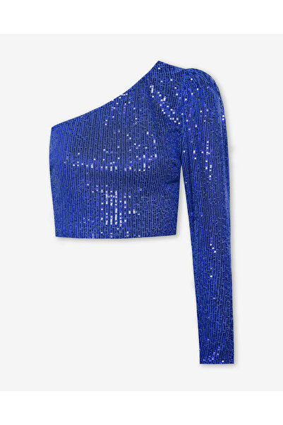 AFR CLOTHES BLUZĂ DE FEMEI DIN ȚESUT CU PAILE, CU MANECĂ BALON, GĂLĂ ASIMETRICĂ