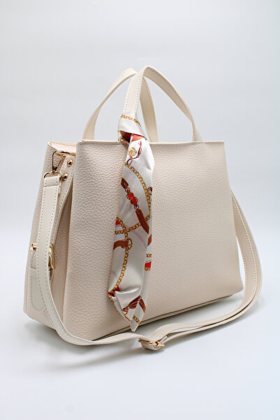 LASSO -Women's Cream Large Size Double Handle Scarf Detailed Hand, Arm and Shoulder Bag