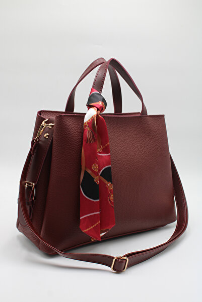 LASSO -Women's Burgundy Large Size Double Handle Scarf Detailed Hand, Arm and Shoulder Bag