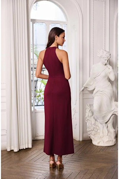 GRACE KARIN Women's Long Halterneck Bodycon Maxi Evening Dress with Slit Red L