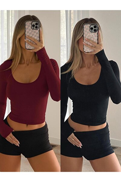 ÖZ PAMUK Square Neck 2-Pack Basic Plain Fabric Long Sleeve Lycra Blouse