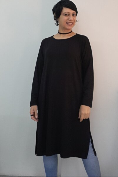 Mertcan Butik Whole in Black Size Low Arm Long Sleeve Side Slit Combed Viscose T-Shirt Tunic