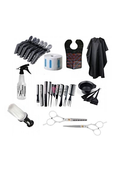 amelie Barber tool set, hairdresser, with mop, cape, sprayer, apron, combs, paper roll