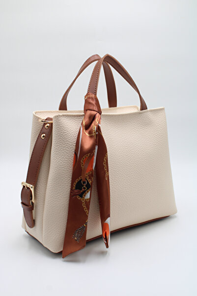 LASSO -Women's Creamtan Large Size Double Handle Scarf Detailed Hand, Arm and Shoulder Bag