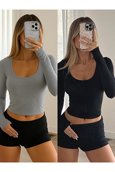 ÖZ PAMUK Square Neck 2-Pack Basic Plain Fabric Long Sleeve Lycra Blouse