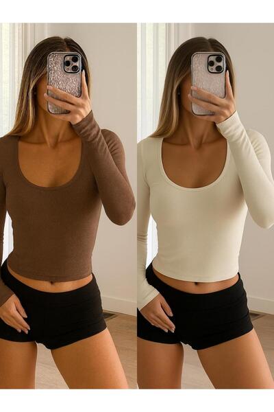 ÖZ PAMUK Square Neck 2-Pack Basic Plain Fabric Long Sleeve Lycra Blouse