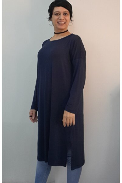 Mertcan Butik Navy Blue Sizele Whole Come Low Arm Long Sleeve Side Slit Combed Viscose T-Shirt Tunic