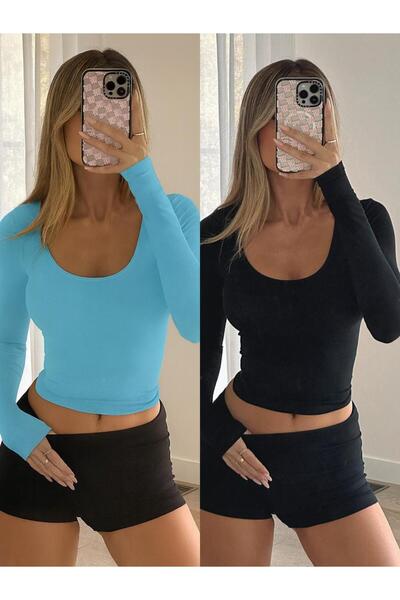 ÖZ PAMUK بلوزة ليكرا بأكمام طويلة من القماش السادة الأساسي بياقة مربعة قطعتين