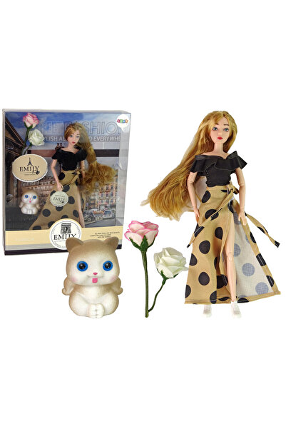 EMILY doll with cat and rose, long brown hair, 30 cm
