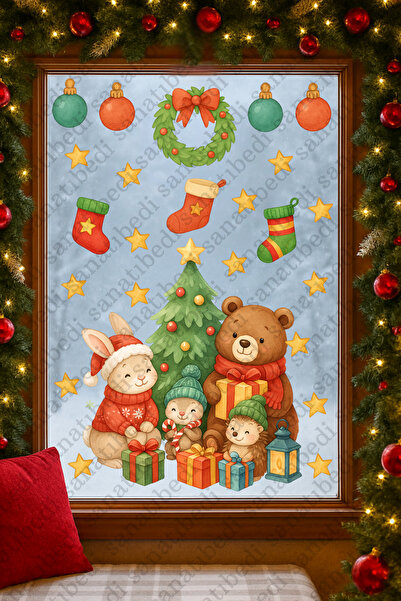 sanatıbedi New Year Bear Family Winter Joy Window Decoration Sticker - New Year Door Wall Decoration Sticker