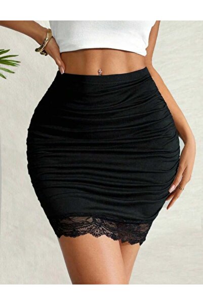 MAROVOAY Mini Pencil Skirt with Guipure Detail at the Hem and Gathered Sides