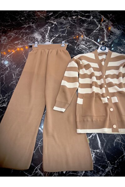 MY QILAM Women's Hijab Top and Bottom Set Striped V-Neck Gold Button Detailed Cardigan Pants Knitwear Set Beige