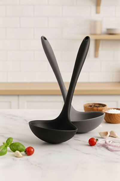 TARIK HOME 28 Cm. Set of 2 Silicone Soup Ladles - Heat Resistant Hard Tip Black & Gray