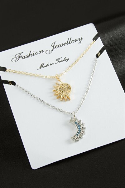 Marsilyan Crescent Star Double Zircon Stone Necklace Ilkel-Bjt940