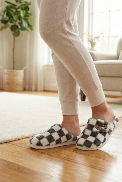 Ekonomik Ayakkabı Women's Gray Plaid Pattern Plush House Slippers – Soft, War...