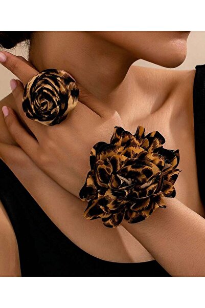 Moda Nova TR 2 adet Set Zarif Leopar Desenli Gül Çiçek Yüzük ve Bilezik Takımı