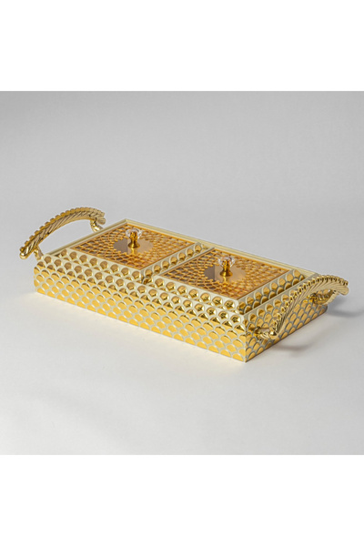 Bin Shihon Two gold-plated rectangular metal serving trays