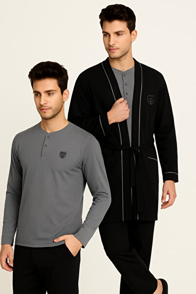 ROZELT Men's Black 100% Cotton 3 Piece Robdöşambr Boxed Pajama Set