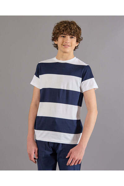 REDTAG Senior Boys White And Navy Striped T-Shirt