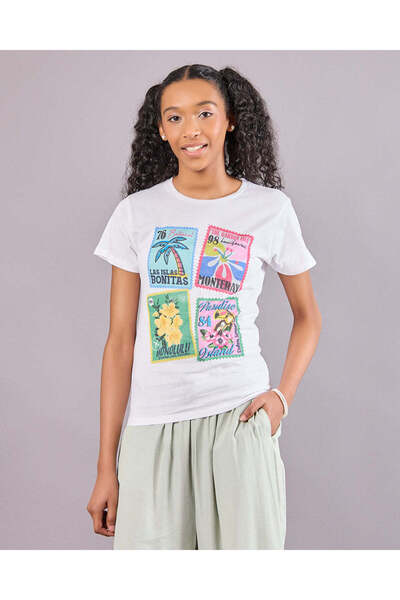 REDTAG Senior Girls White Tropical Postcard Print T-Shirt