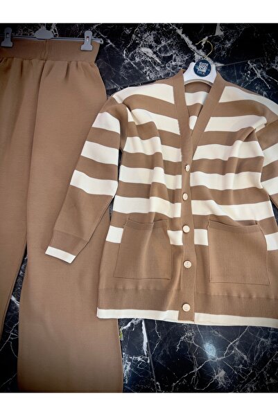 MY QILAM Women's Hijab Top and Bottom Set Striped V-Neck Gold Button Detailed Cardigan Pants Knitwear Set Beige