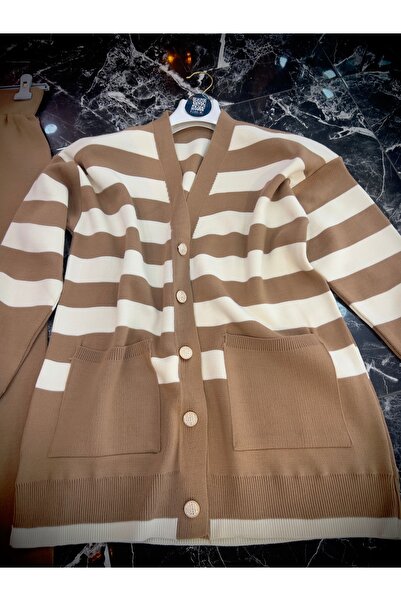 MY QILAM Women's Hijab Top and Bottom Set Striped V-Neck Gold Button Detailed Cardigan Pants Knitwear Set Beige